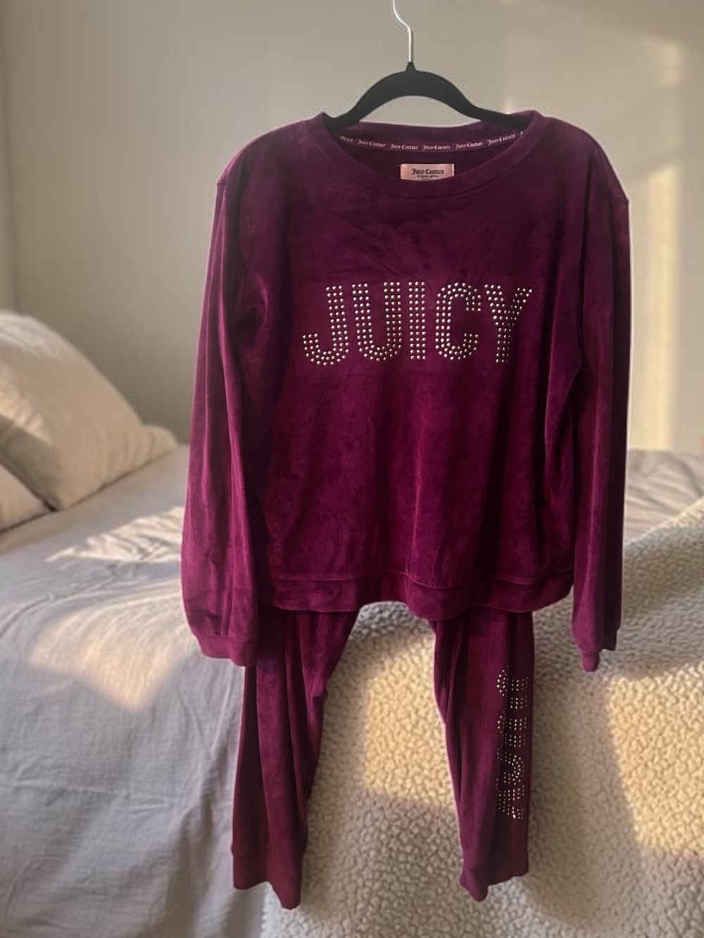 Juicy Couture Velour Rhinestone Pajama Set Plum Purple Top Pants Medium